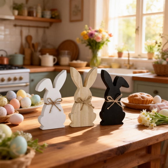 Wooden Tiered Tray Set Bunny Decor with Rope Accent Spring Holiday Table Centerpiece Home Kitchen Decor 3pcs