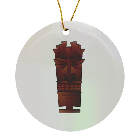 3drose, Wooden Tiki Mask Cartoon - Teethy Grin, Circle Porcelain Ornament