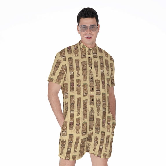 Wooden Tiki Pattern Short Sleeve Men'S Rompers, Aloha Tropical Hawaiian Tiki Casual Summer Jumpsuits Outfit