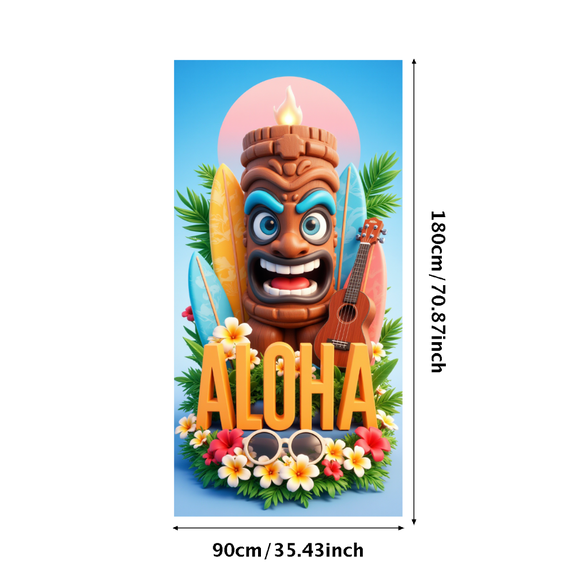 Wooden Tiki Statue Hawaiian Banner Ukulele Tropical Leaves Colorful Flowers Aloha for Summer Party Beach Decor Tropical Events