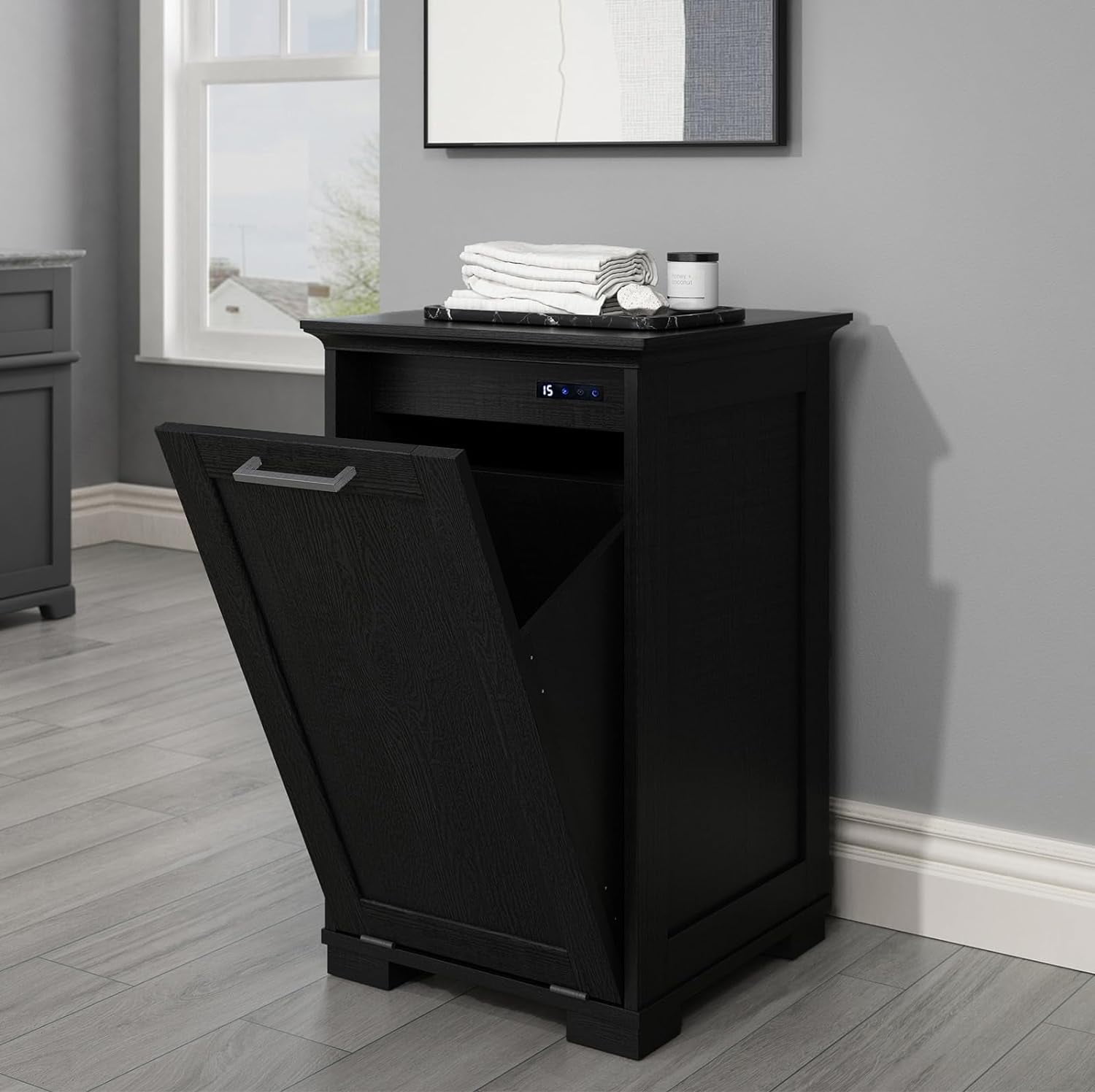 Wooden Tilt Out Trash Wooden Kitchen Garbage Can Free Standing Holder, Black Finish