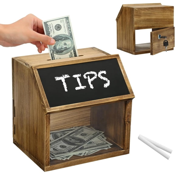 Wooden Tip Jar Donation Box With Lock Chalkboard Label and Keys