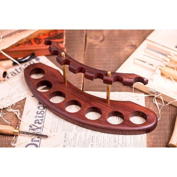Wooden Tobacco Pipe Stand ARCH VII Holds 7 Pipes Solid Ash Wood Brass