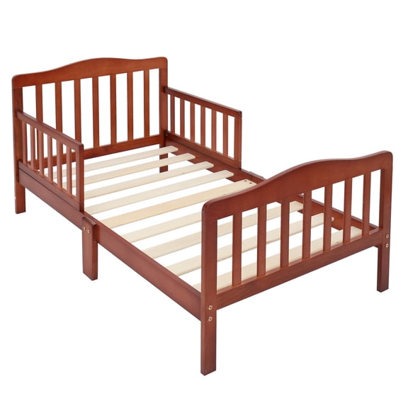 Wooden Toddler Bed with Safety Guardrails, Pine & Plywood Kids Transition Bed, Low-to-Floor Crib-to-Big-Kid Bed for Boys Girls