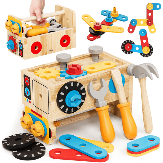 Toddler Kids Tool Set with Take Apart Toys, Pretend Play Kids Toys, Wooden Construction Toys Tools, Educational STEM Learning Toys for Kids Ages 3 4 5 6 7 8 Years Old Boys & Girls