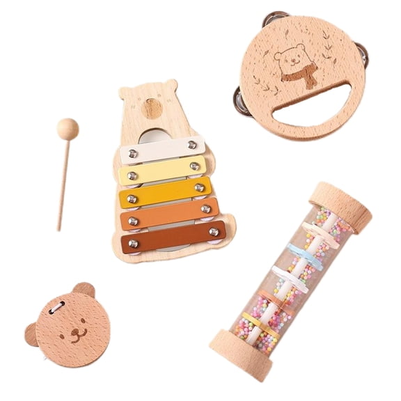 Wooden Toddler Musical Instruments Set for Kids 1-3, Sensory Toys for Babies, Toddler Toys for Boys Girls – Portable 4-Piece Kids Musical Kit (Xylophone, Tambourine, Maraca, Clapper)
