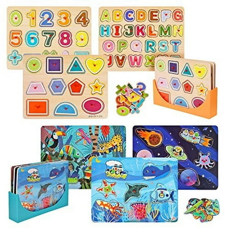 Wooden Toddler Puzzles (6-Pack) and Storage Rack, Peg Puzzles, Alphabet, Numbers, Shapes, Animals