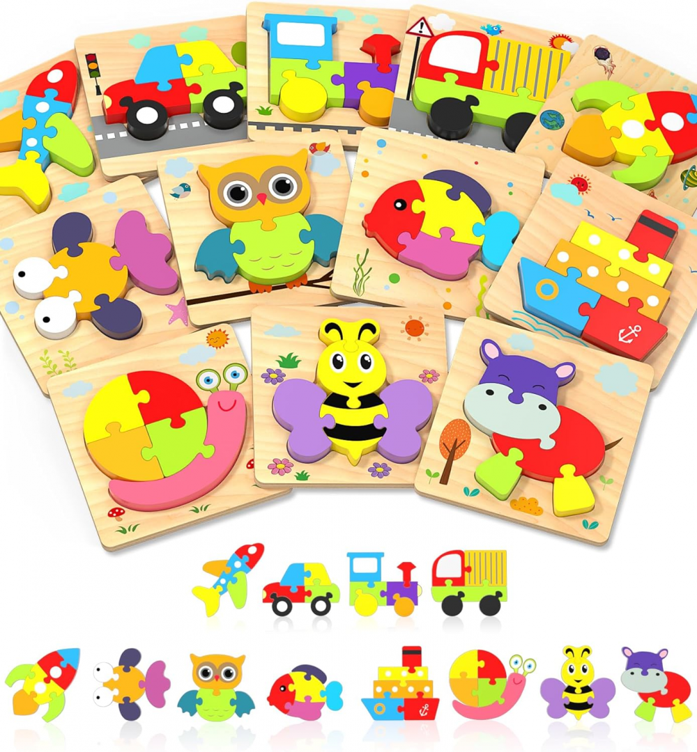 Wooden Toddler Puzzles Gifts Toys for 1 2 3 Years Old Boys Girls, 12