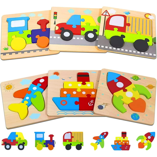 Wooden Puzzles for 1 2 3 Year olds, Educational Vehicle Jigsaw Toys for Boys & Girls