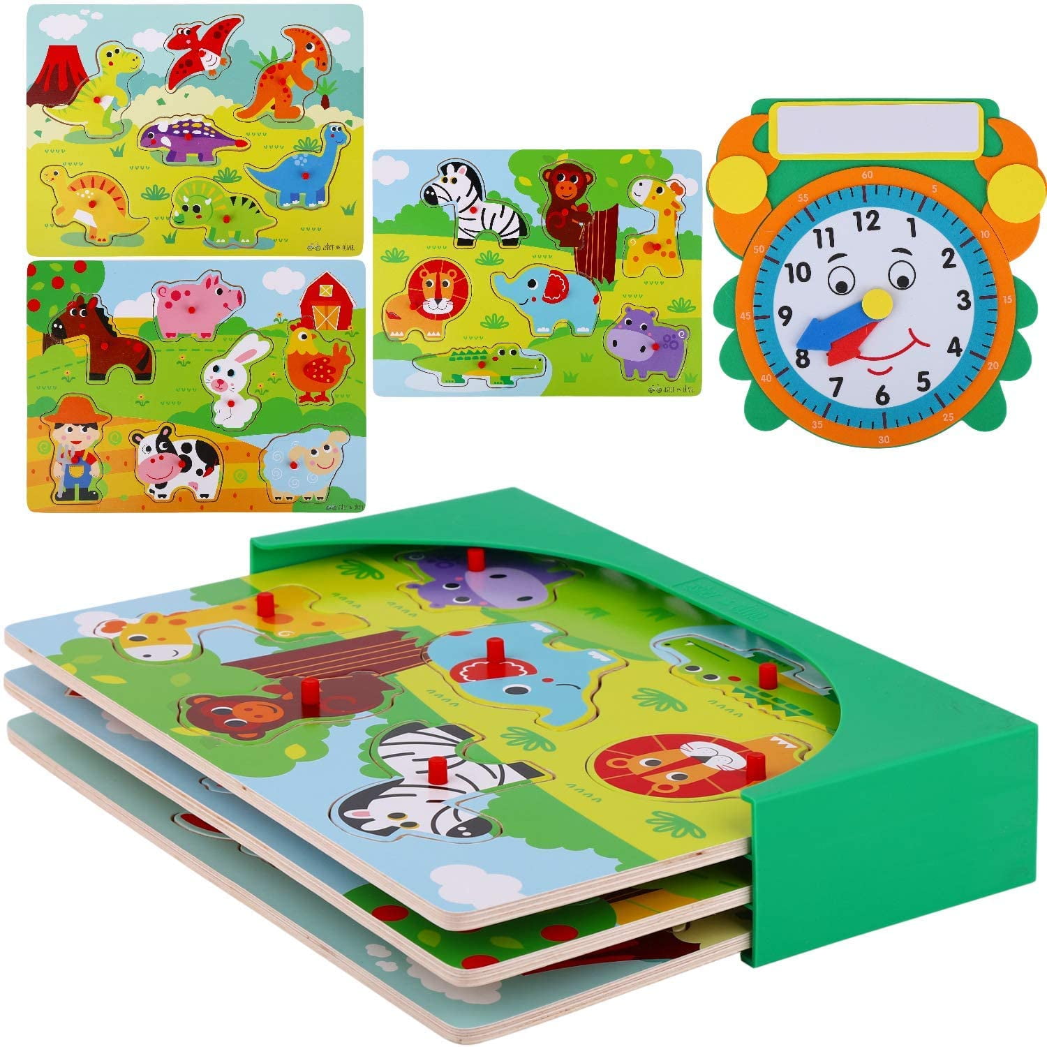 Wooden Toddler Puzzles (3 Pack) with Rack, Storage Holder & Learning