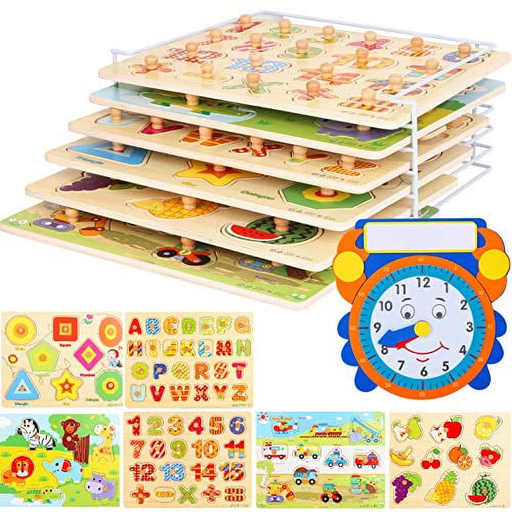 TOYVENTIVE Wooden Peg Learning Puzzles for Toddlers 1-3 Years – 6 Pack with  Wire Puzzle Holder Rack Organizer for Kids, Dinosaur Puzzles with Knobs,  Jungle, Ocean, Bird Styles, Baby Puzzles 12 Months 