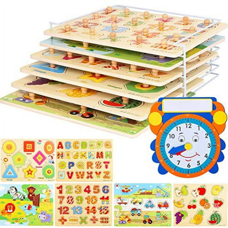 Toddler Puzzles and Rack Set, Wooden Peg Puzzles Bundle with Storage Holder  Rack, Educational Knob Puzzle for Kids Age 2 3 4 Years - Set B 