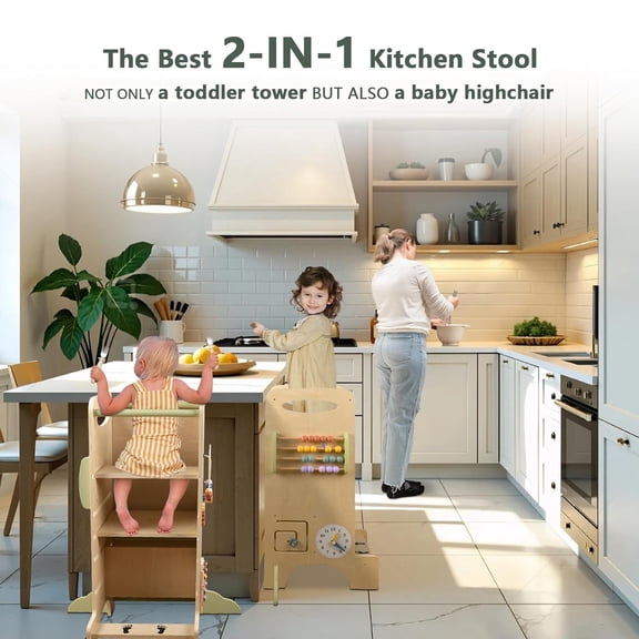 Wooden Toddler Tower Adjustable Height Step Stool, Toddler Kitchen Stool with 8 Fun Learning Activities (Chalkboard, Slide, Bead Maze, Xylophone)