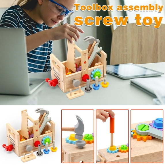 Kids Pretend Play Tool Set, Wooden Construction Toy with Toolbox, Educational Role Play Toy, Safe Toddler Gift for Boys Girls, Fun DIY Building Set for Early Learning