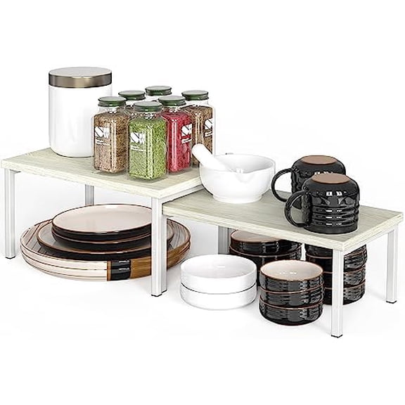 Wooden Top Expandable Stackable Kitchen Cabinet and Counter Shelf Organizer, Maple