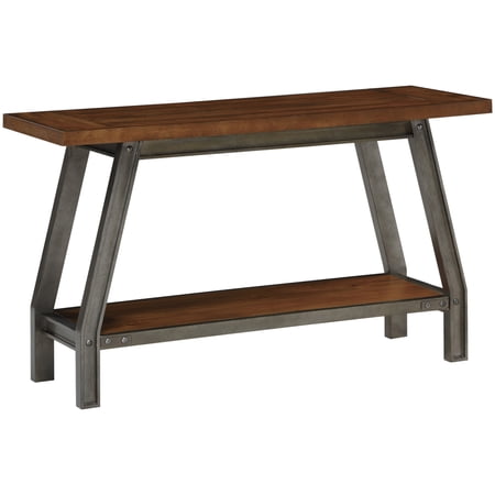 Wooden Top Sofa Table with Open Shelf and Rivet Accents, Brown and Gray - Saltoro Sherpi