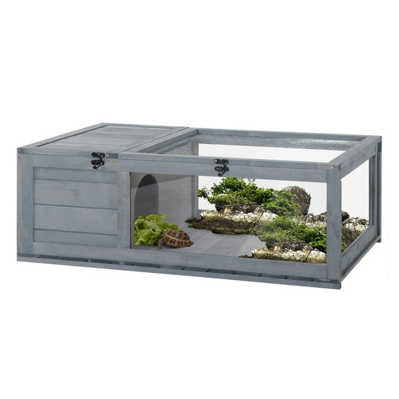 Wooden Tortoise House Indoor Outdoor Reptile Habitat Enclosure Gray - Turtle Cage for Russian Tortoise, Lizard, Gecko, Snake