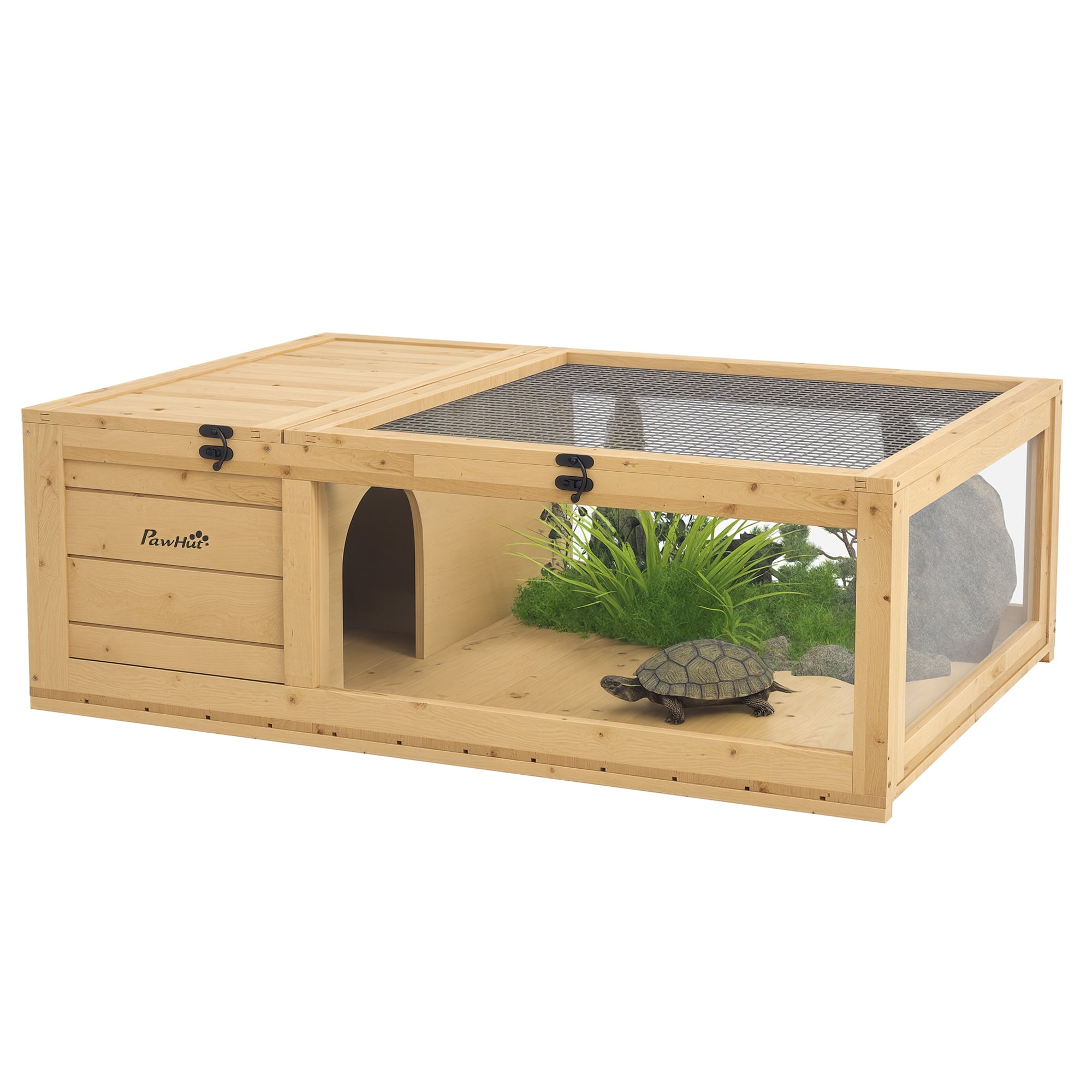 Wooden Tortoise House Indoor Turtle Habitat Enclosure Outdoor Reptile Cage for Lizards, Geckos, Yellow