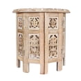 thumbnail image 1 of The Wooden Town Carved Wood Round End Table – 18" Accent Side Table for Living Room, White Washed Small Coffee Table, Handcrafted Altar Table, Solid Wood Design, 1 of 6