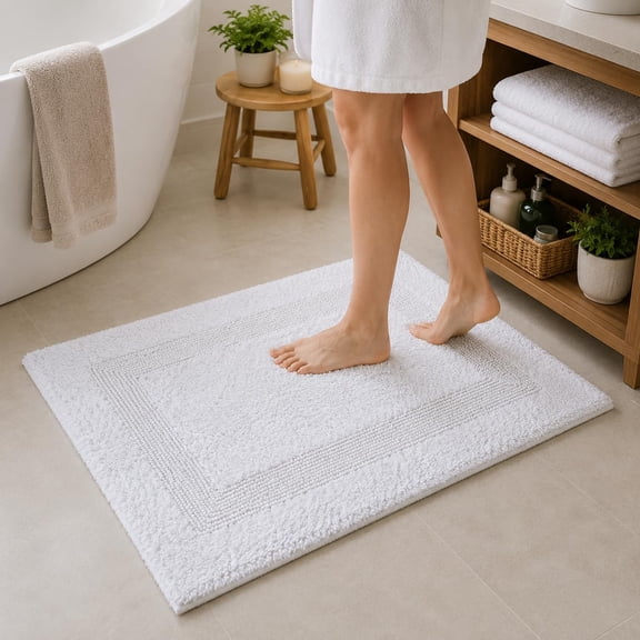 The Wooden Town Cotton Tufted Bath Rug, Soft Absorbent Bathroom Mat, Non Slip Cotton Bath Mat, Machine Washable Bath Rug for Bathroom Floor, Shower, Tub and Sink - White, 17 x 24 Inches