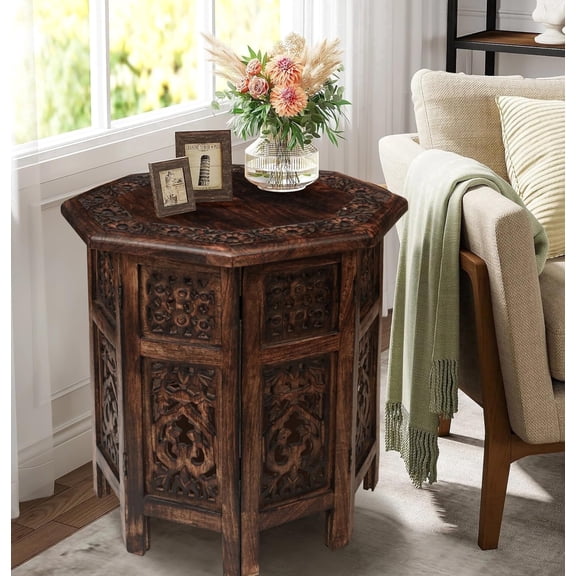 The Wooden Town End Tables for Living Room– Hand Carved Vintage Boho Folding Side Tables for Small Spaces, Entryway, Living Room, Bedroom – No Tools Assembly, 18"x18" Octagon, Scorch Burnt Finish