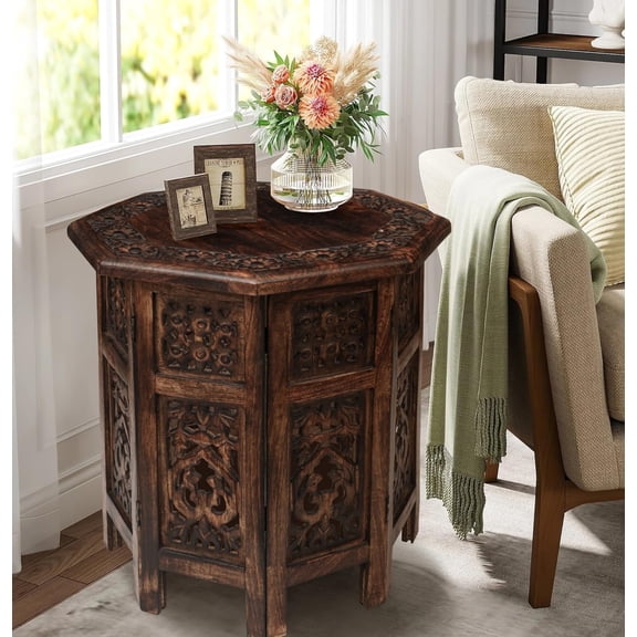 The Wooden Town End Tables for Living Room Hand Carved Vintage Boho Folding Side Tables for Small Spaces, Entryway, Living Room, Bedroom  No Tools Assembly, 18"x18" Octagon, Scorch Burnt Finish
