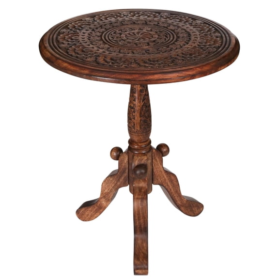 The Wooden Town Handcrafted Carved Round Side Table – 18x21 Inch Coffee Table for Living Room | Solid Wood Accent End Table with Pedestal Base | Altar Table for Home Décor