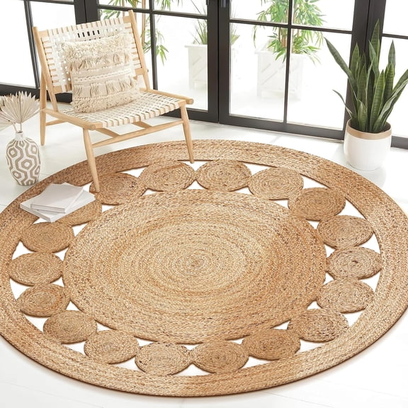 The Wooden Town Natural Jute Round Area Rug, Handwoven Braided Boho Jute Rug with Dotted Design, Eco Friendly Farmhouse Living Room Rug Natural, 5 Feet Round