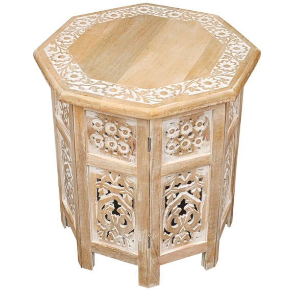 The Wooden Town Side Tables Hand Carved Vintage Boho Folding End Tables for Living Room, Entryway, Living Room, Bedroom  No Tools Assembly, 18"x18" Octagon, White wash Finish