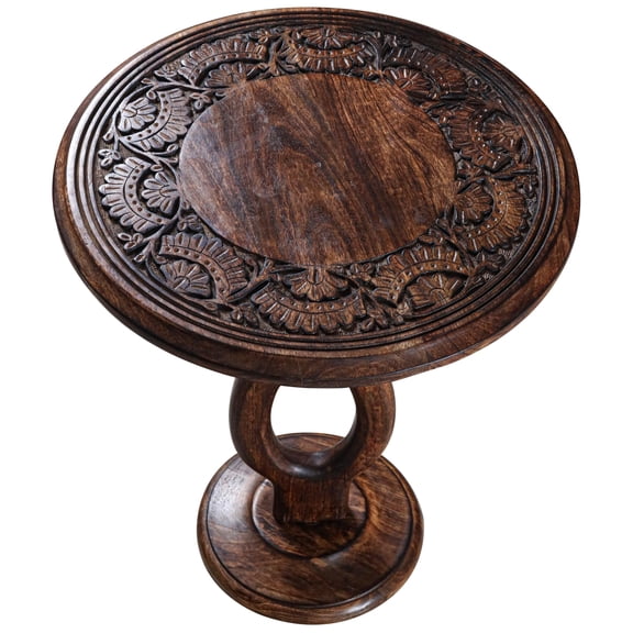 Wooden Town Solid Wood Hand Carved Round Accent Side Table Burnt Finish 18 x 22 Inch