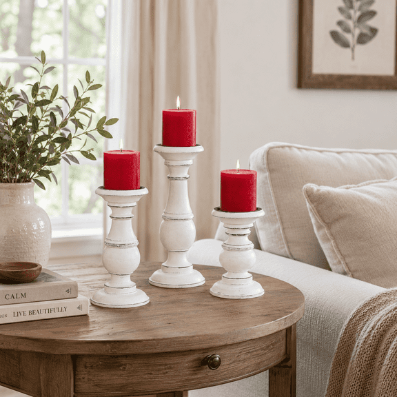 The Wooden Town Wooden Pillar Candle Holder Set of 3, Antique White Farmhouse Candle Stands for Table Centerpieces, Weddings, Spa & Home Décor, 10", 8", 6"