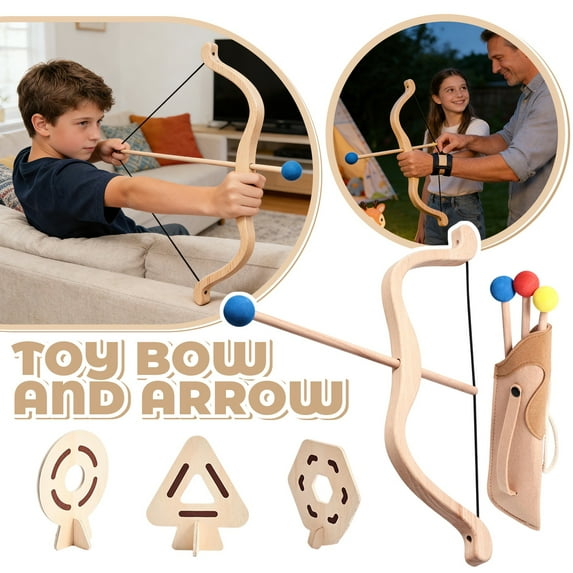 Wooden Toy Bow and Arrow Set for Kids – Safe Soft Ball-Tip Arrows with Arrow Pouch & Targets | Indoor/Outdoor Play Toy for Children’s Hand-Eye Coordination & Backyard Fun