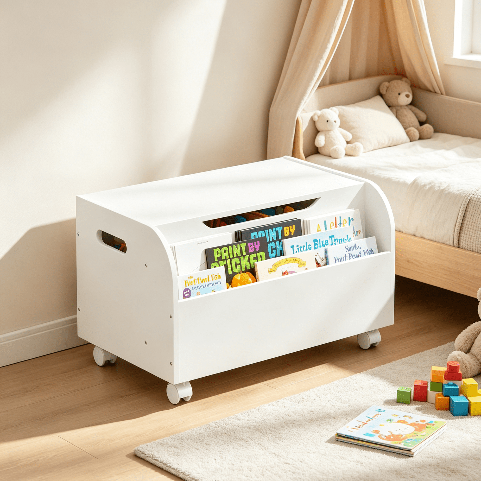 Wooden Toy Box with 4 Universal Wheels, Kids Toy Storage Organizer with Front Bookshelf, Flip-Top Lid, Safety Hinge, Boys Girls Toy Chest Bench for Playroom Kids Room Organization (White)