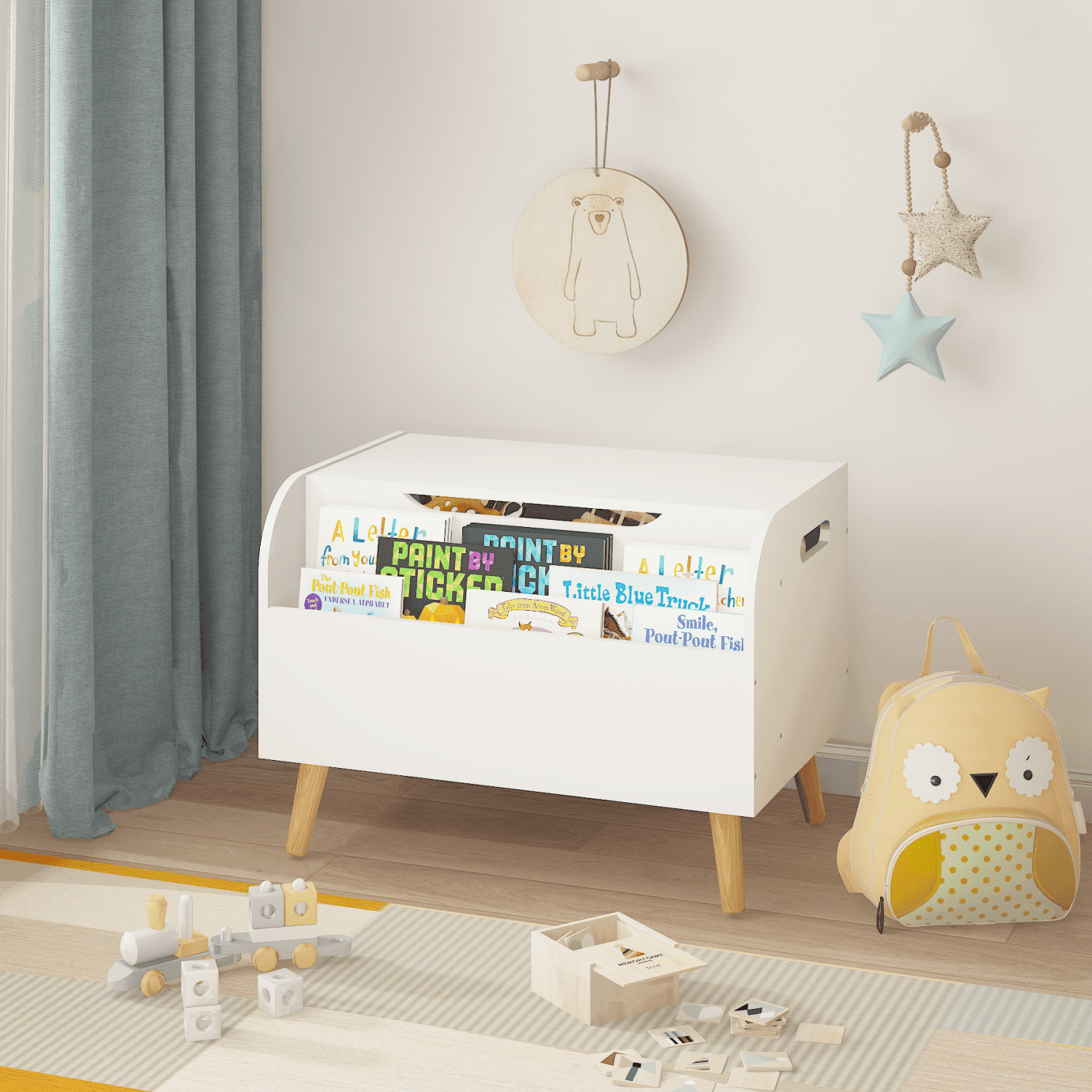 Wooden Toy Box with Front Bookshelf - Kids Toy Storage Organizer, Flip-Top Lid, Safety Hinge - Toy Chest Bench for Playroom and Kids Room Organization