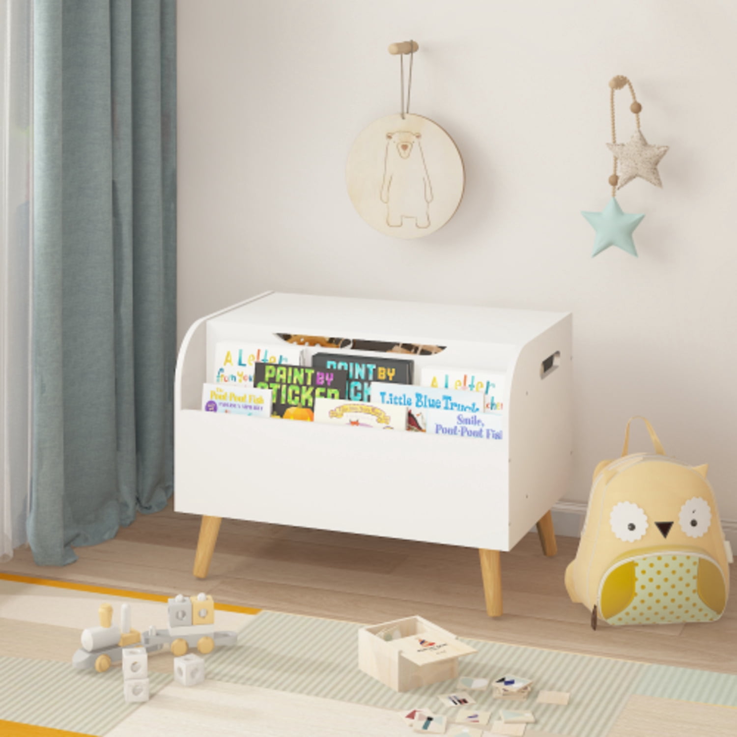Wooden Toy Box Kids Toy Storage Organizer With Front Bookshelf Flip-top Lid Safety Hinge Boys Girls Toy Chest Bench For Playroom Kids Room Organization White