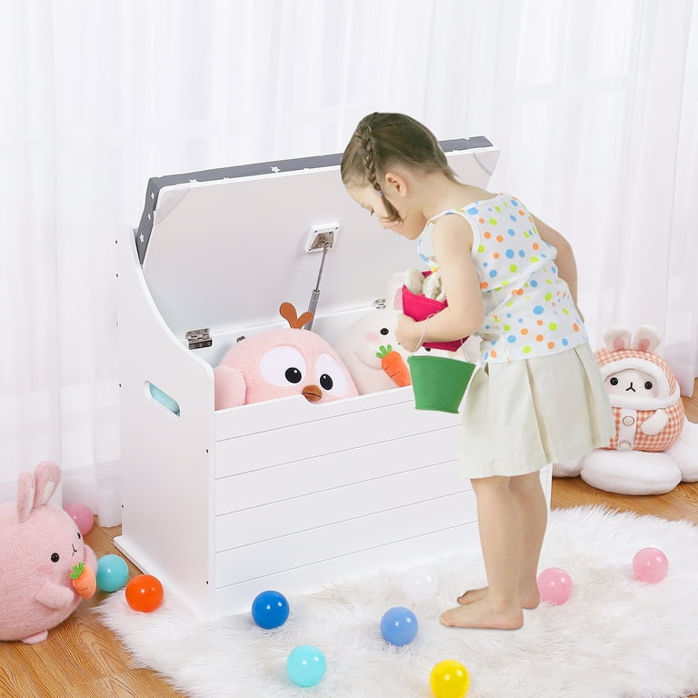 Wooden Toy Box White Kids Toy Chest with Cushion Seat Bench Large