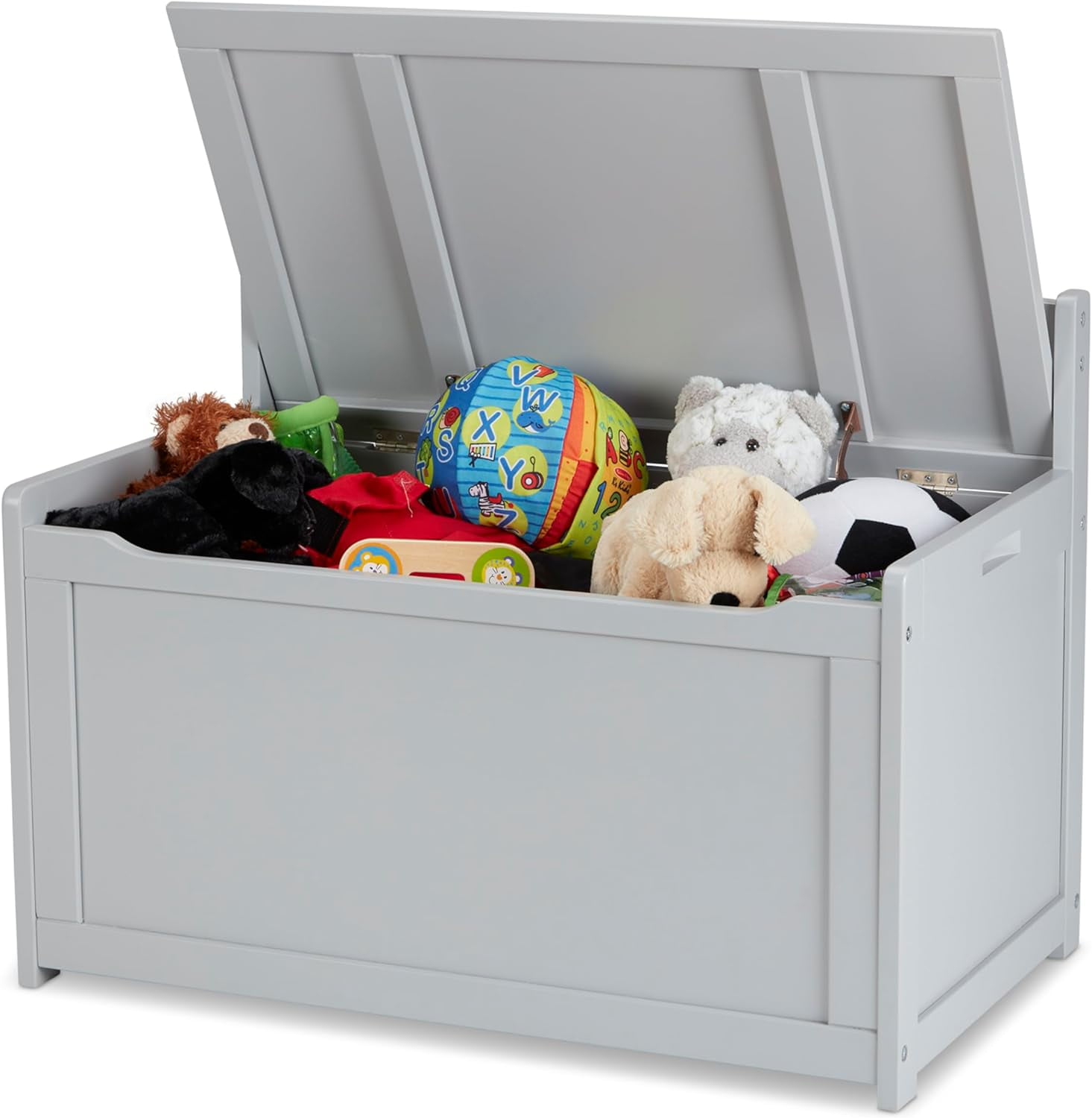 Gray Wooden Toy Chest with Safety-Hinged Lid
