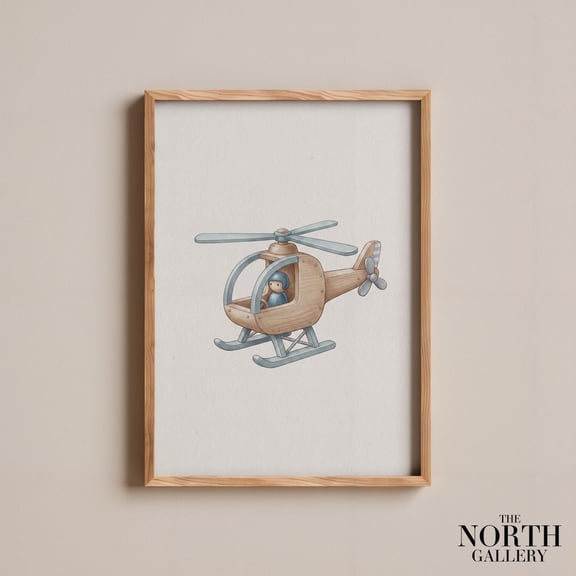 Wooden Toy Helicopter Poster Vintage Nursery Wall Art Baby Boy Aviation Print