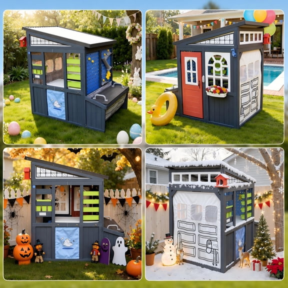 Wooden Play House for Kids , SHINPT Kids Outdoor Playhouse with Doorbell, Simulation Tool Kits, Kids Playhouse with Roller Shutter Door, Kids Outdoor Play Equipment for Lawn, Casa Para Niñas