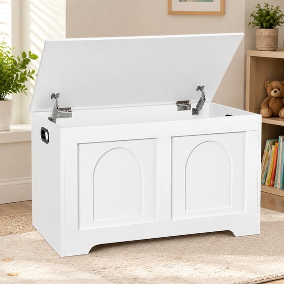 Wooden Toy Storage Chest with Safety Hinges, 31.5” Flip-Top Storage Bench, Sturdy Entryway Trunk for Living Room & Bedroom, Easy Assembly, White