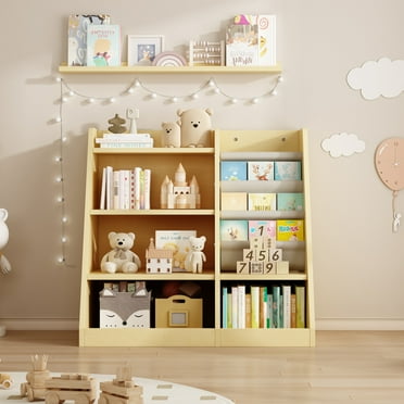 Wooden Toy Storage Organizer, Kids Bookshelf Cabinet with Adjustable Shelf, Toddler Sling Book Rack Bookcase for Playroom, Classroom, Hallway, Living room, Natural