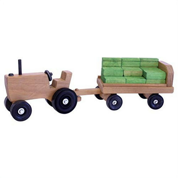 Wooden Toy Tractor and Wagon Set with Hay Bales, Amish-Made