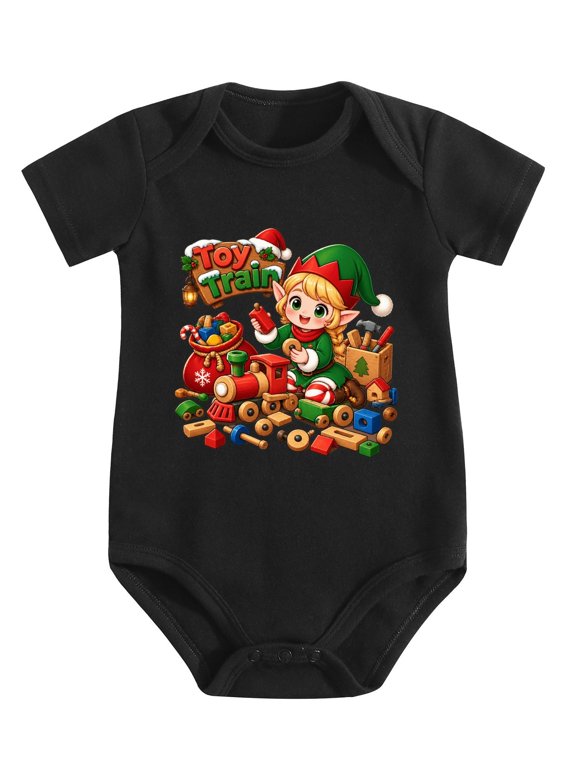 Wooden Toy Train Blocks Pattern Baby Bodysuit, 100% Cotton Short Sleeve Snap Romper, 0-12 Months