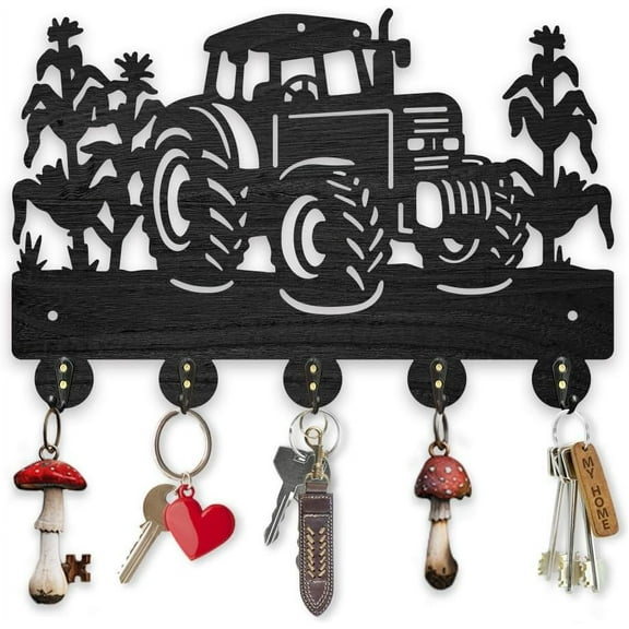 Wooden Tractor Corn Field Coat Hooks Farm Vehicle Crops Key Holder for Wall 11.87.9inch Decorative Gift Wall Key Rack Organizer 5 Alloy Hooks for Farmhouse Kitchen Entryway Black