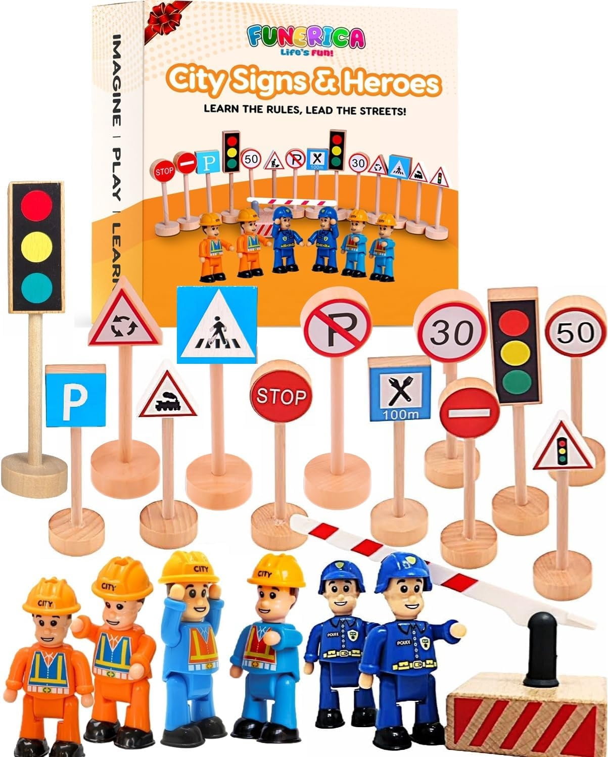 Wooden Traffic Signs & Community Helper Figures Toy Set – Includes ...