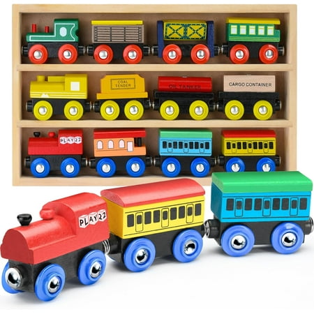 Wooden Train Set 12 PCS - Train Toys Magnetic Set Includes 3 Engines - Toy Train Sets For Kids Toddler Boys And Girls - Compatible With All Major Brands - Original - By Play
