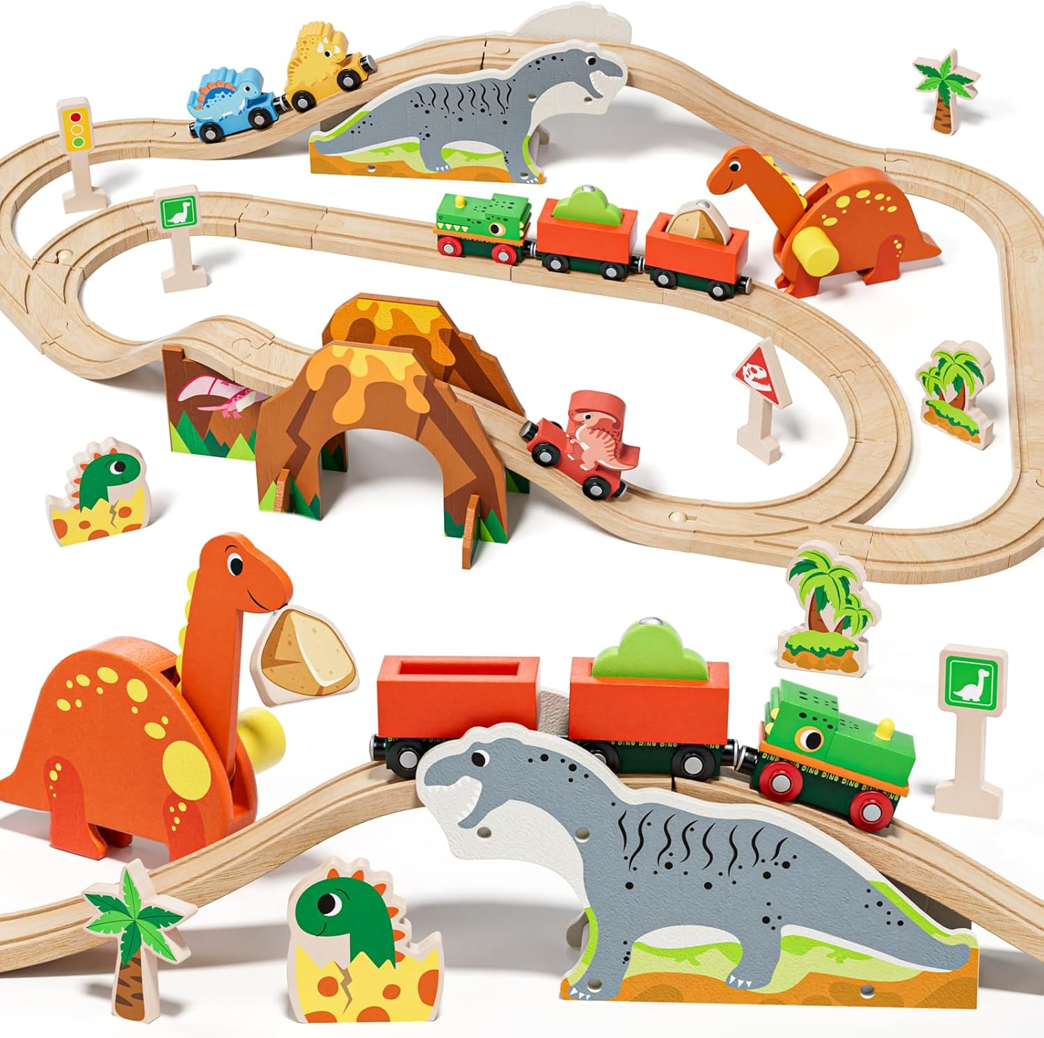 Wooden Train Set for 3 Year Old Boys, Dinosaur Toys Double-Side Train Set Tracks with Bridge & Accessories Fits Brio, Thomas, Melissa and Doug, Kids Birthday Gift Toys for Boy Girls 3 4 5 Years Old