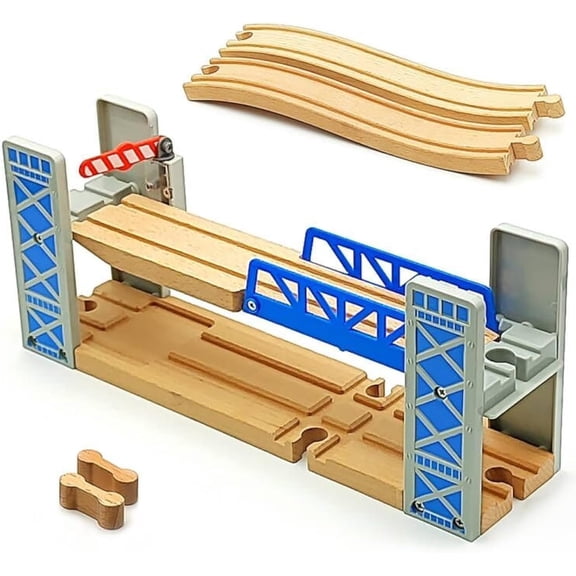 Wooden Train Set Accessories Wood Railway Bridge for Railroad Tracks, 2-Level Overpass Compatible for All Railway Tracks System