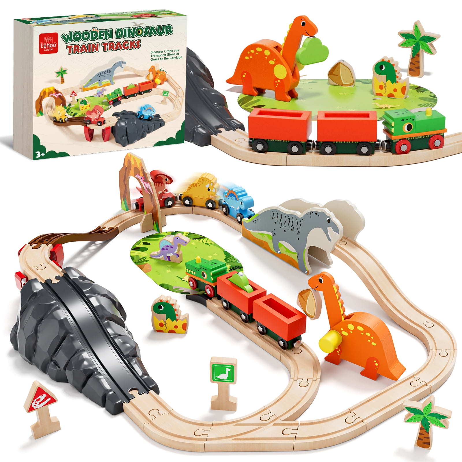 Train Set, Wooden Train Set for Kids, Train Set for Kids Ages 4-8, Train Track Toy Set with 3 Dinosaur Trains, Toys for 2 Year Old Boys, Compatible with Other B