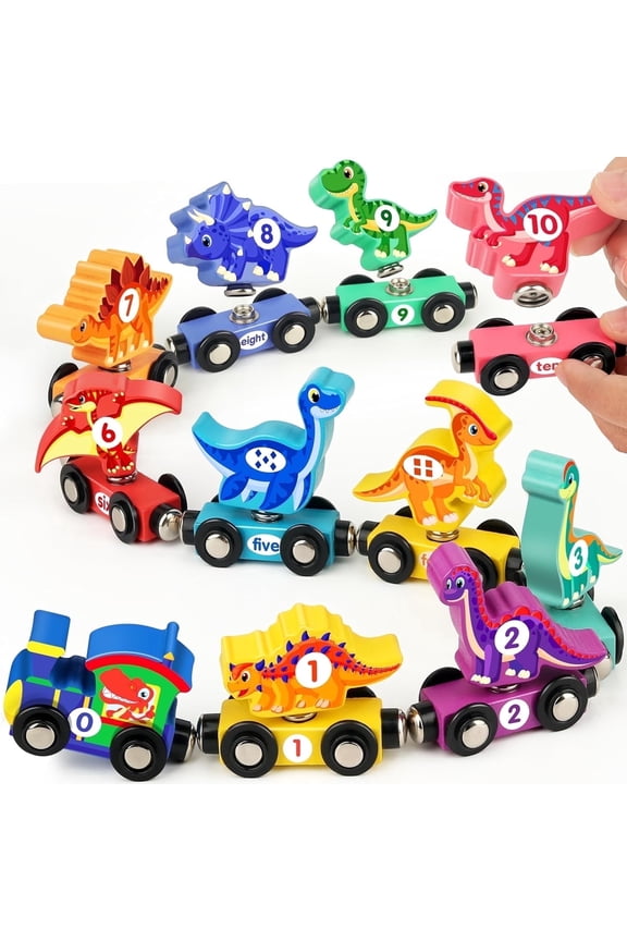 Wooden Train Set with Dinosaurs Toys - Vanmor Toys for Toddlers,Educational Toddler Matching and Magnetic Number Train Learning Toys for Kids Ages 3-5. Montessori Gift for Boys and Girls,11PCS